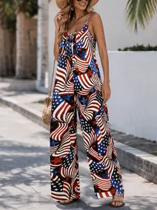 Women's Flag Print Pocket Cami Jumpsuit, Fashion Spaghetti Strap High Waist Wide Leg Jumpsuit, Ladies Summer Clothes for Holiday Vacation Daily Wear