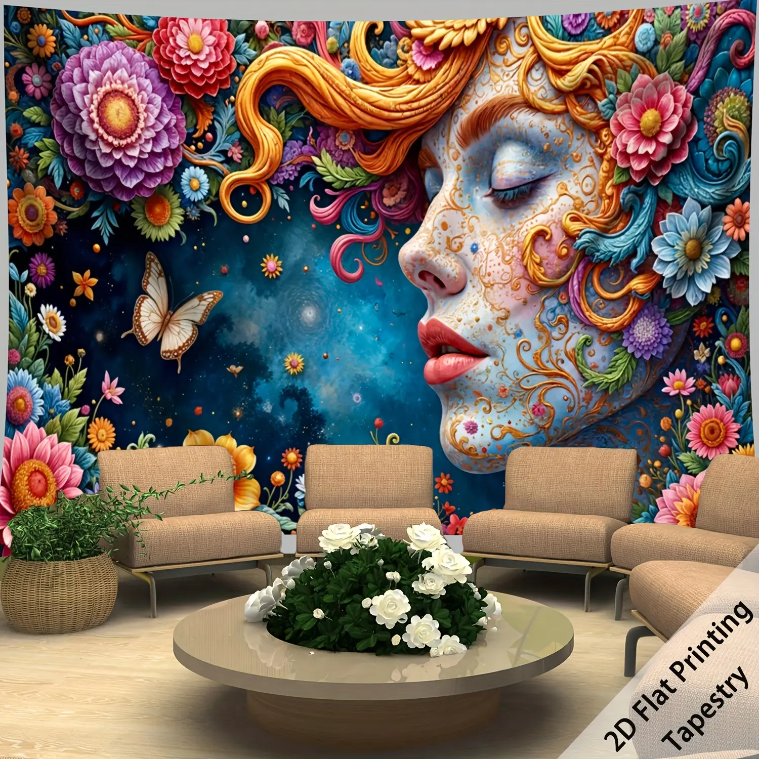 Women's Extra-Large Fantasy Floral Landscape Tapestry, Polyester Canvas Photo Wall Hanging (126in x 94.5in) with Free Hook, Ideal for Living Room, Bedroom Decor, Flowers, Wall Decor, Statement Wall Mural Tapestries