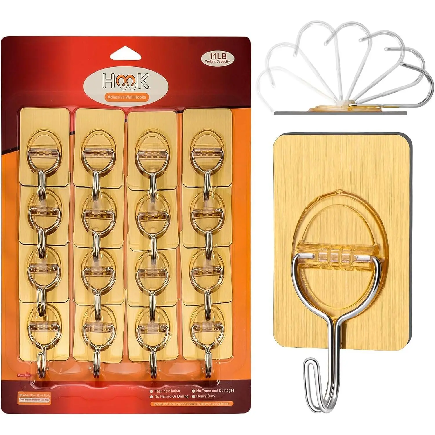 16 Pack Adhesive Hooks, Heavy Duty Sticky Hooks for  11LB (Max) | Seamless Transparent Small Adhesive Hooks Wall Hangers Without Nails for   Coats Hats Bags Ceiling ()