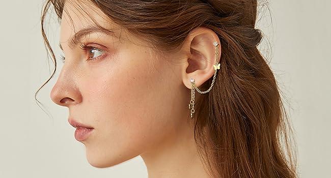 11Pairs 20G Stainless Steel Cartilage Earrings Set - Flatback Star Moon Butterfly CZ Studs Huggie Hoops Chain Dangles for Women Men Helix Tragus Piercing