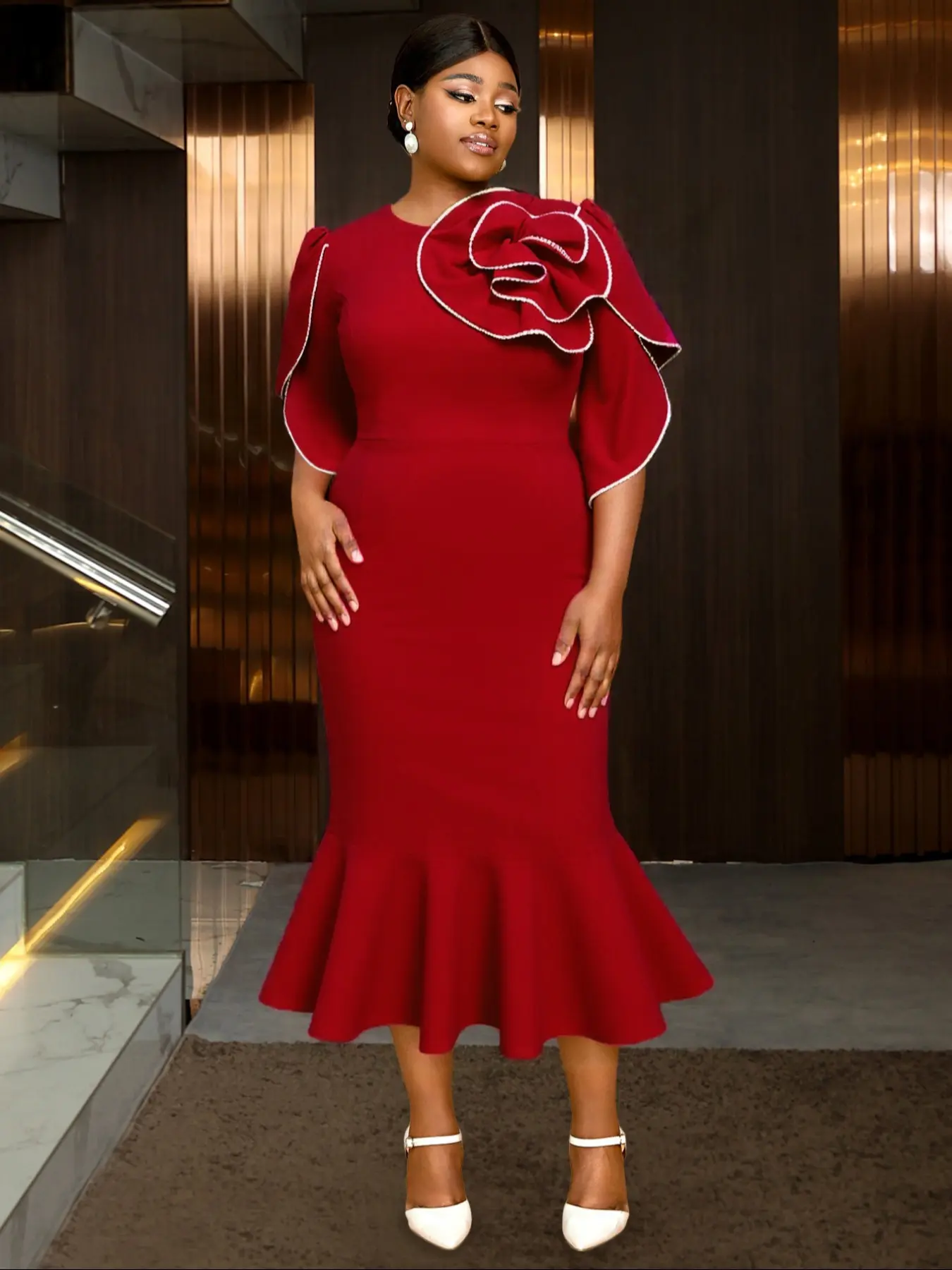 Elegant Aesthetic Bodycon Dress, Plus Size Mermaid Tail Design, Contrast Color Waist Cinching, Formal, Perfect for Parties & Evening Wear