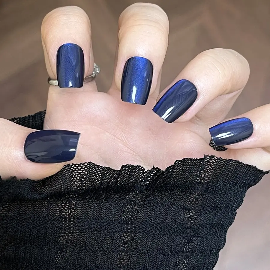 10 Pcs Short Ballet Press-On Nails, Solid Navy Cat Eye Glossy Nail Tips, Reusable with Jelly Glue and File, Perfect for Daily Use, Fake Nails