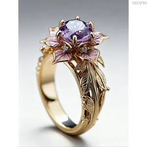 Vintage Dual Color Leaf Ring for Women, Classic Promise Jewelry with Sparkling Zircon in a Combined Setting
