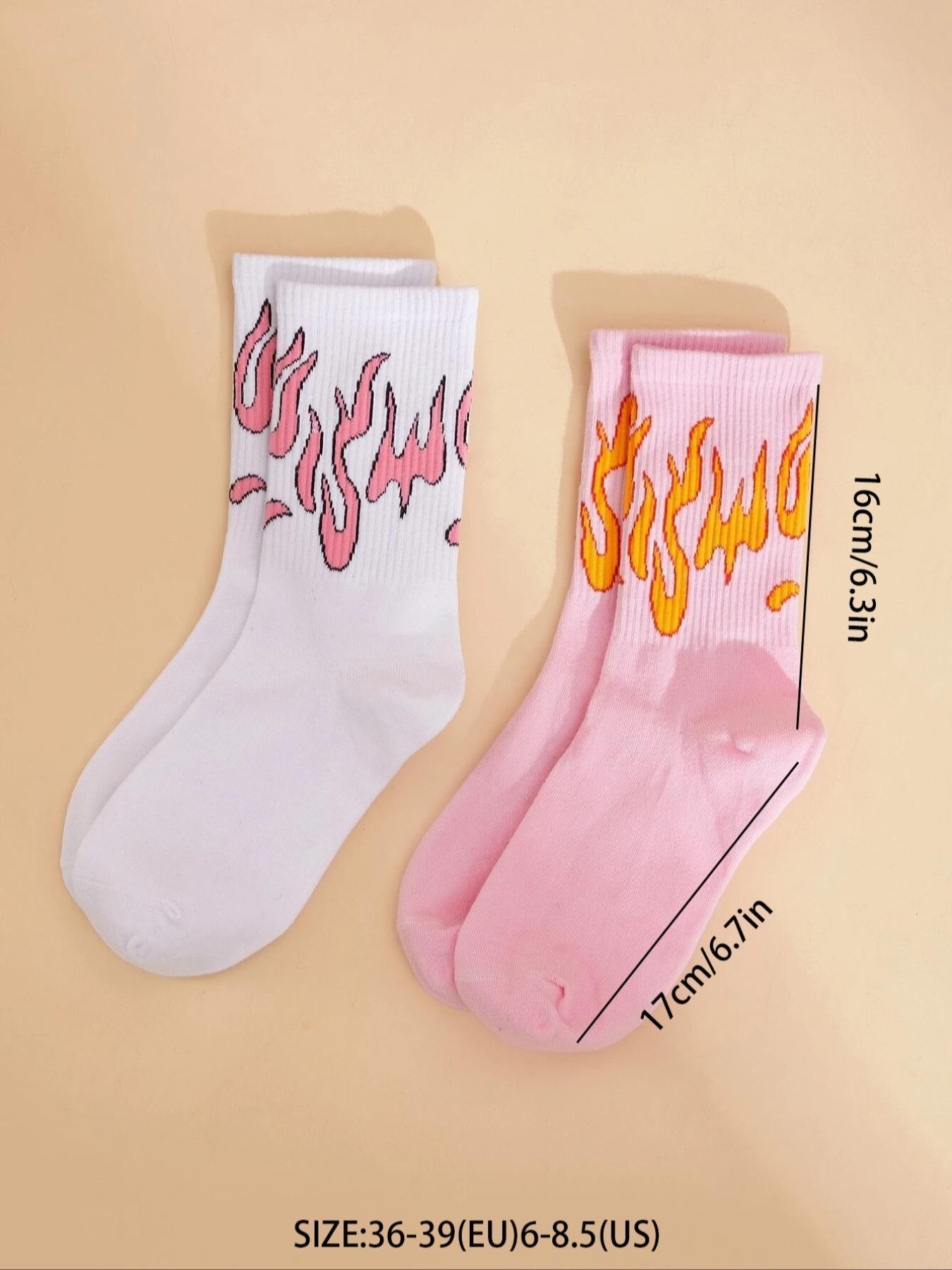 2 Pairs Fire Print Crew Socks, Fashion Casual Comfy Socks for Daily Outdoor Wear, Women's Socks for All Seasons, Socks for Women, Womenswear, Casual Stylish Socks, Soft Comfy Socks, Sock Set