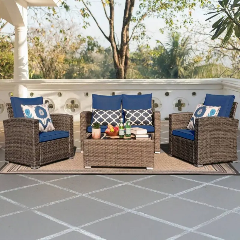 4pc PE Wicker Outdoor Patio Furniture Set - Small Sectional Conversation Set with Soft Cushions, Outdoor Furniture Set