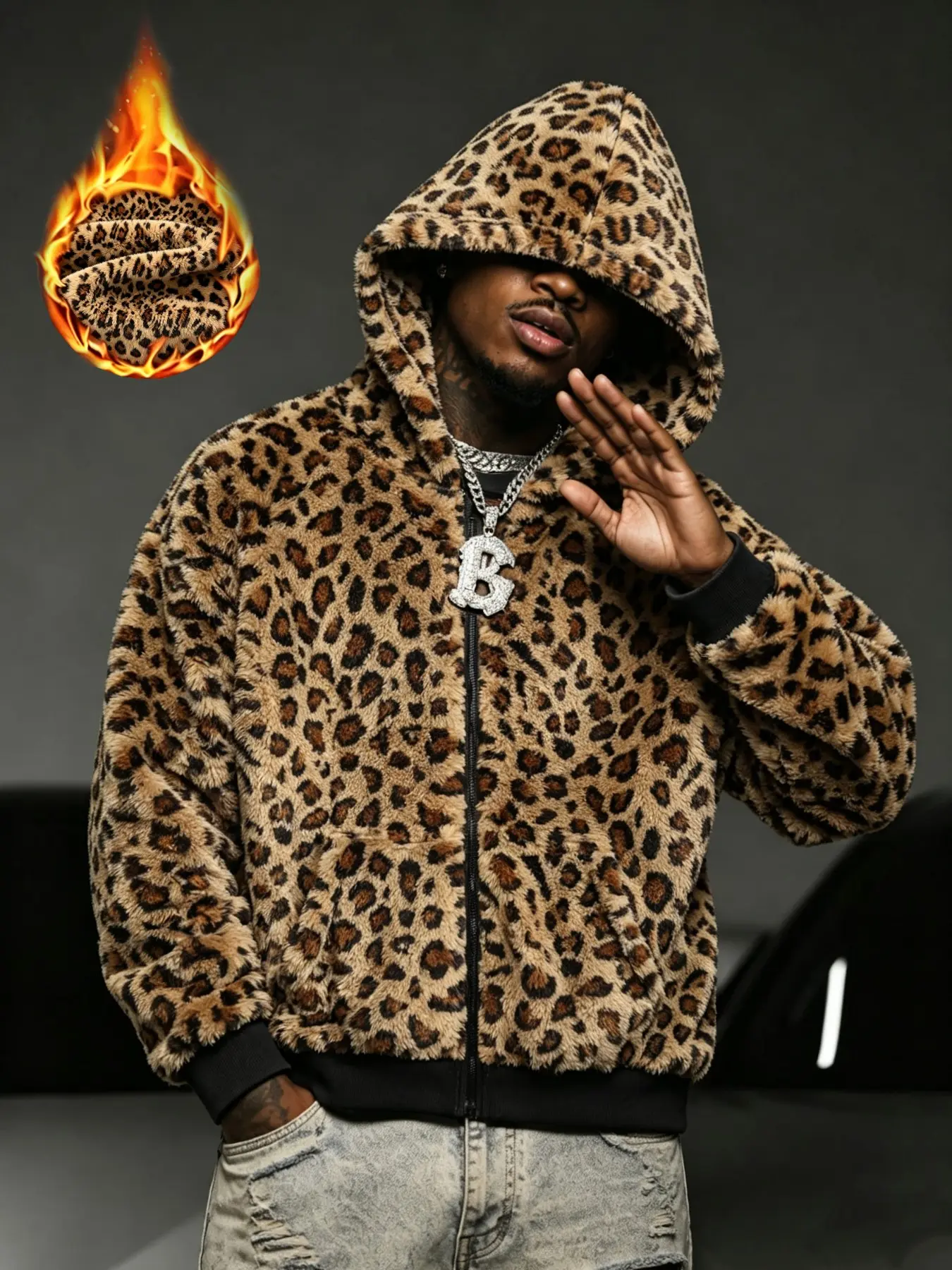 Men's Vintage Leopard Print Fleece Zipper Hoodie, Classic Hooded, Cozy American Style, Casual Winter Wear, Warm and Comfortable, Perfect for Fall and Winter