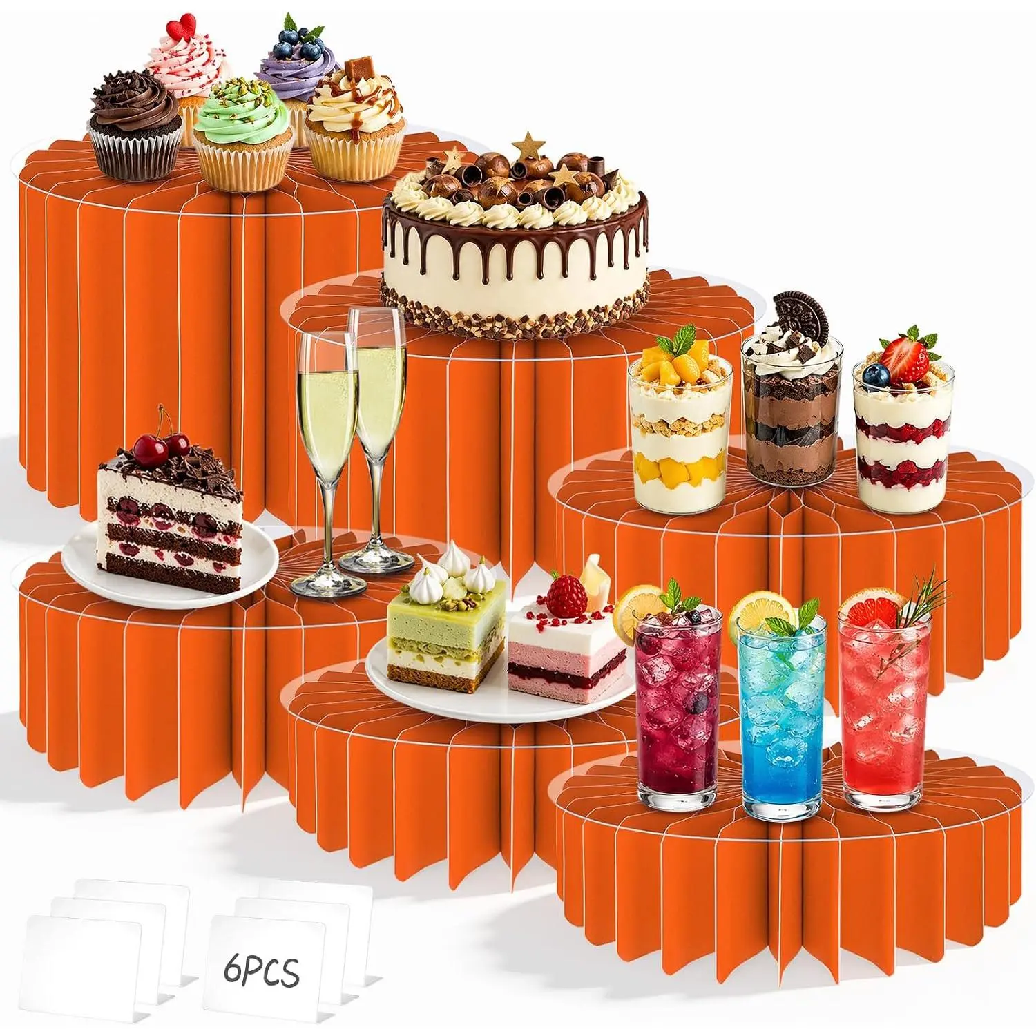 6 count Buffet Risers,  Risers for Table, Foldable Cake Display Stands, Tall Cardboard Cupcakes Stand for Show Catering Desserts  Wedding Birthday Party Decoration (Orange)