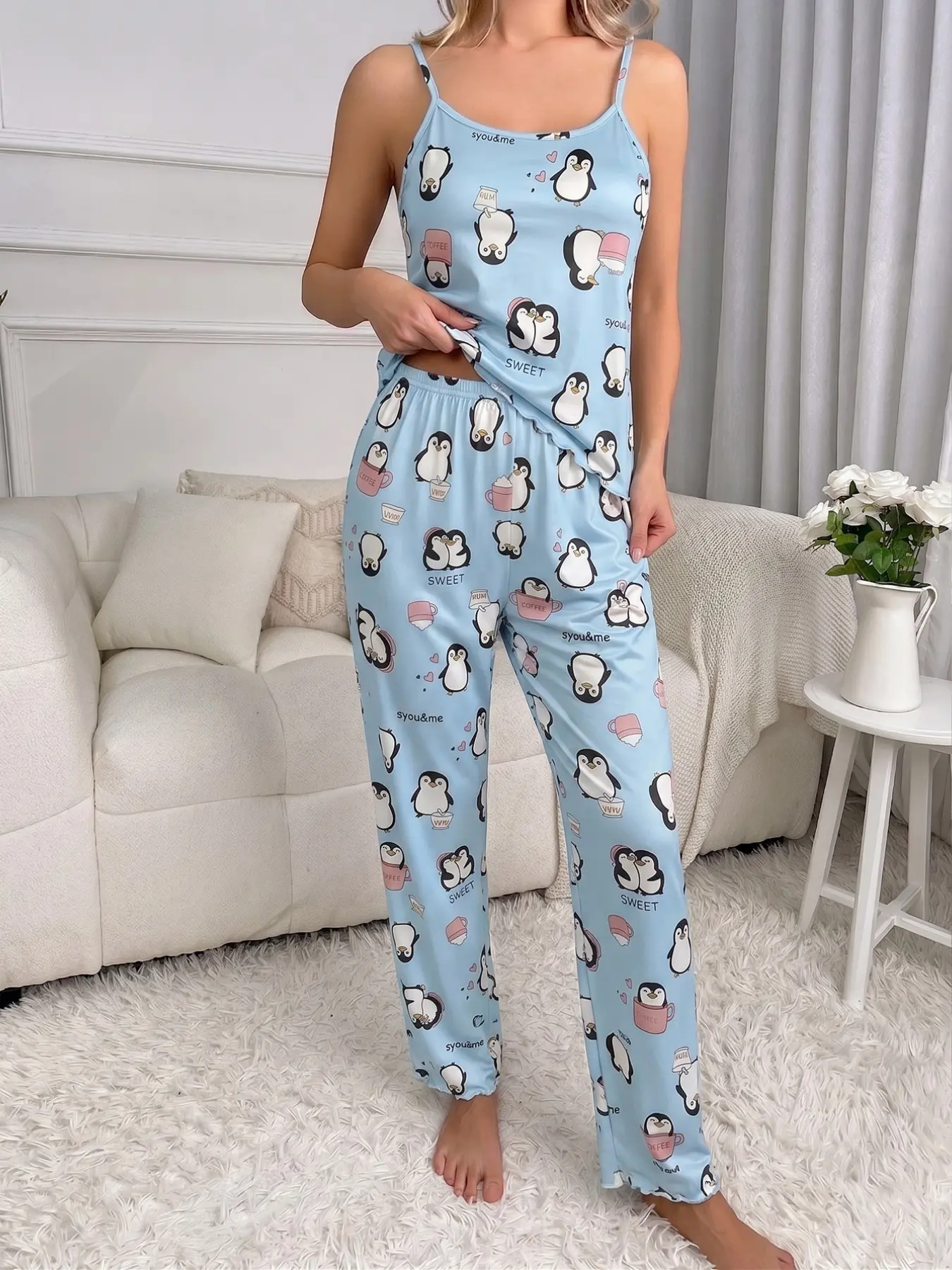 Women's Cute Cartoon Penguin Print Tank Top and Pants Pajama Set, Nightwear Loungewear Set, Comfortable and Cozy Daily Home Wear, Soft Fabric for Relaxing Nights