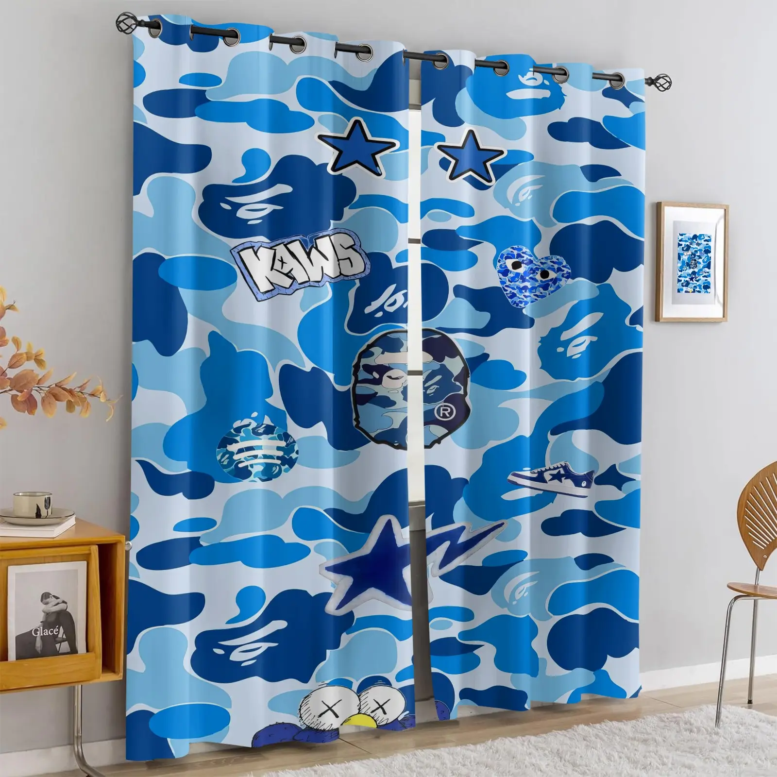 2 Panels Floor Length Window Curtains, All Over Print Blue Camo Cartoon Monkey Star Footwear Street Fabric Window Coverings for Hip Hop Hobby Game Room, Street Themed Vacation Rental, Teen Closet Nook, Reading Corner Decor