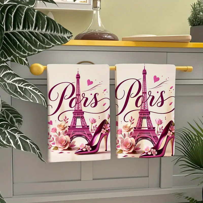 2-pack Paris Eiffel Tower kitchen towels, pink high-heeled shoe floral print microfiber dish towels, cute French-style hand towels, suitable for bathroom and kitchen cleaning, a romantic gift for your girlfriend.