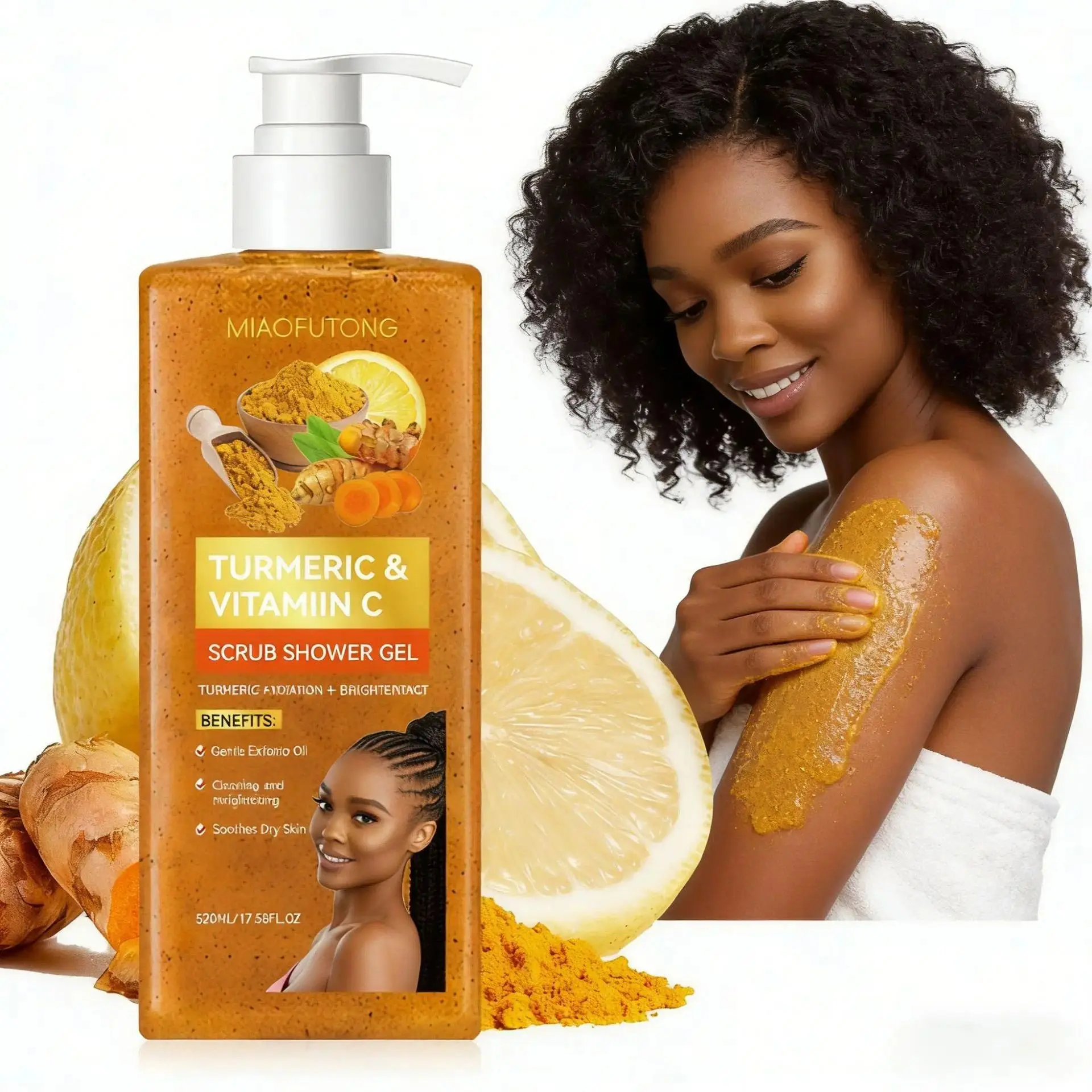 Turmeric Vitamin C Scrub Body Wash 520ml, Exfoliating Shower Gel, gently moisturizing and soothing the skin with a long-lasting fragrance, Bodycare