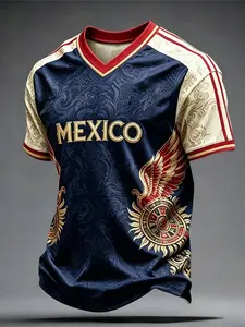 Mexico Soccer T-Shirt 2026, Mexican Pride Football Shirt, Aztec Eagle Crest Tee for Fans, Casual Long Fitted Ethnic Pattern Top
