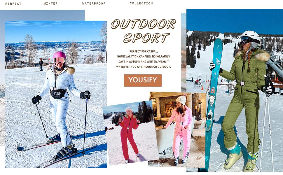 Yousify Women's Winter Ski Suit One-Piece Hooded Fur Collar Jumpsuit Snowsuit Outdoor Sports Coat Waterproof Removable Fur Collar