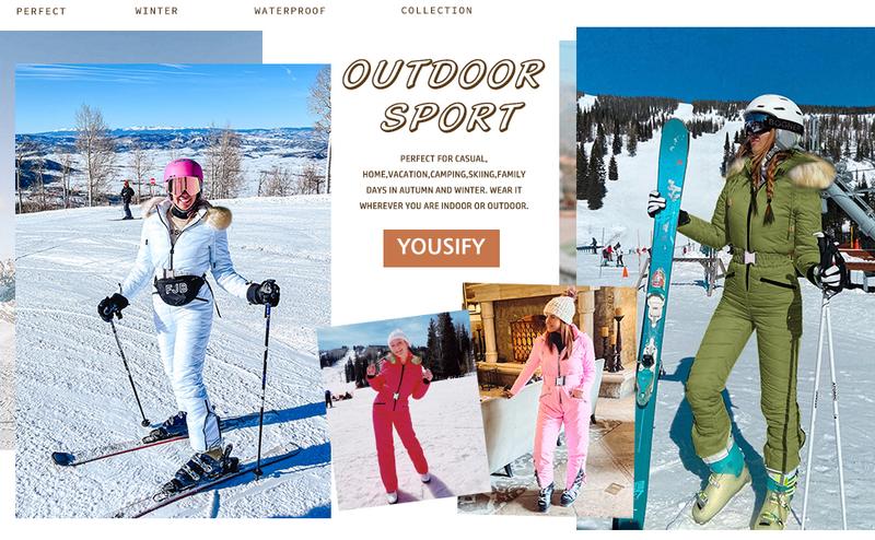Yousify Women's Winter Ski Suit One-Piece Hooded Fur Collar Jumpsuit Snowsuit Outdoor Sports Coat Waterproof Removable Fur Collar