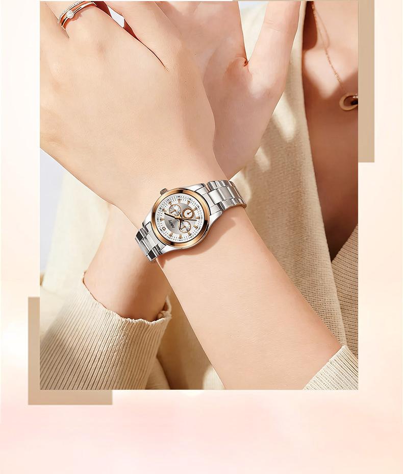 Women's Luxury Minimalist Chronograph Quartz Watch - Silver Stainless Steel Band, Pink Dial with 3 Sub-dials, Luminous Hands, Water Resistant, Elegant Casual Wristwatch, Perfect Gift for Her