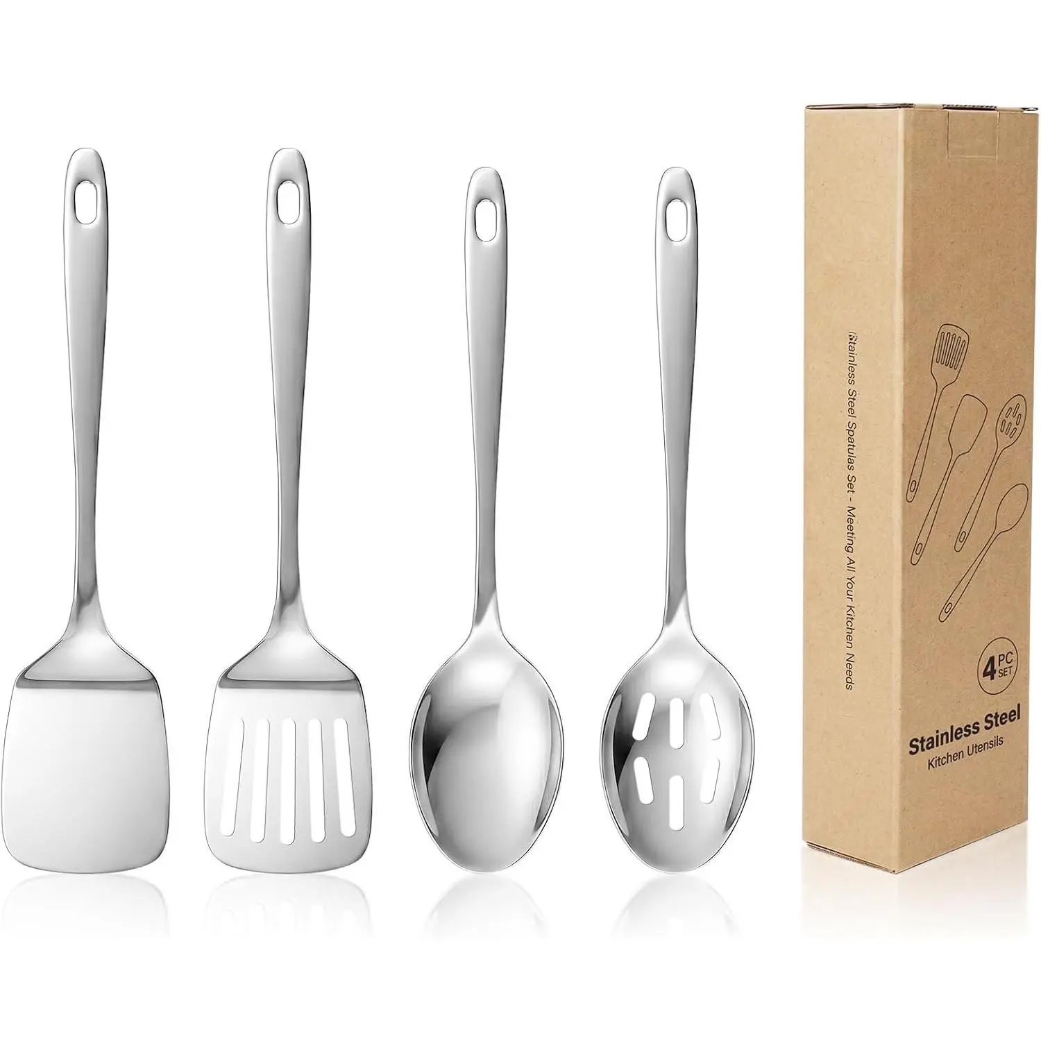 4 count Stainless Steel Kitchen Cooking Utensils Spatula & Spoons Set | Solid & Slotted Turners, Serving & Slotted Spoons, Heat Resistant, For Flipping Fish, Eggs and Pancakes, Dishwasher Safe