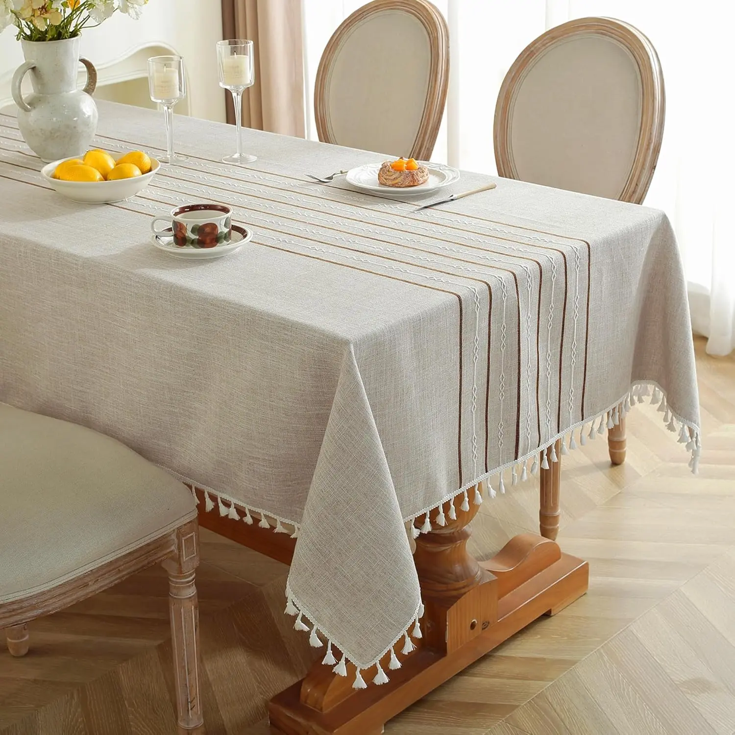 Tablecloths for Rectangle Tables, Cotton Table Cloth Waterproof Tablecloth Wrinkle Free Farmhouse Dining Tables Cover, Soft Table Cloths with Tassels, Coffee, 55" X 86", 6-8 Seats