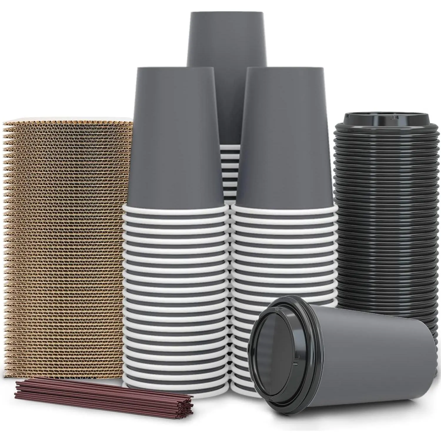 100 Pack - 12 oz Disposable Coffee Cups To Go with Lids Sleeves and Straws 100% Biodegradable & Compostable Pla Eco Friendly Paper Coffee Cups for Tea Coffee Hot ChocolateGift