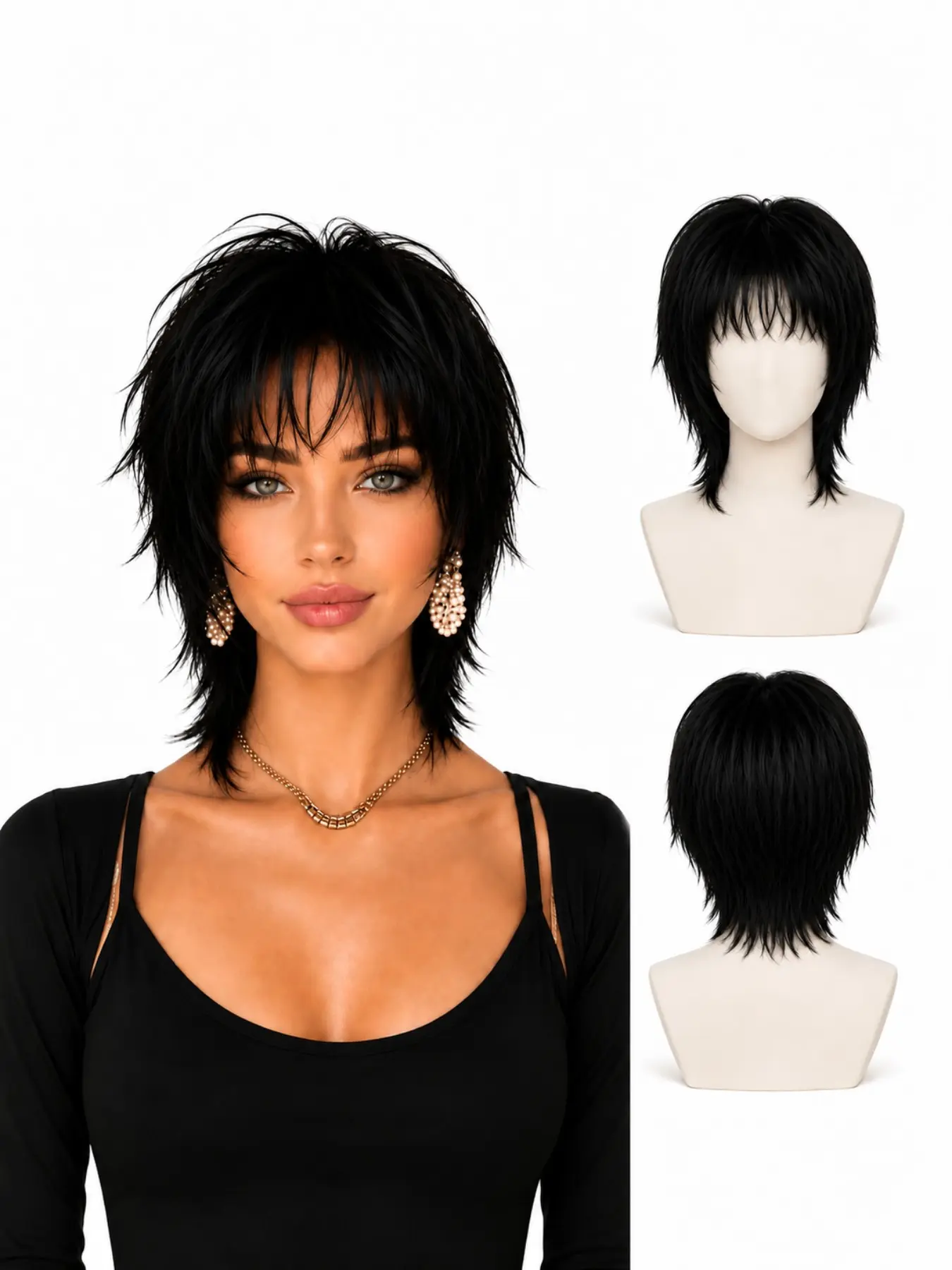 Women’s 6-inch short wolf tail wig, Fun Wig, straight hair with side bangs, soft and comfortable, ideal for cosplay, K-pop, and Halloween