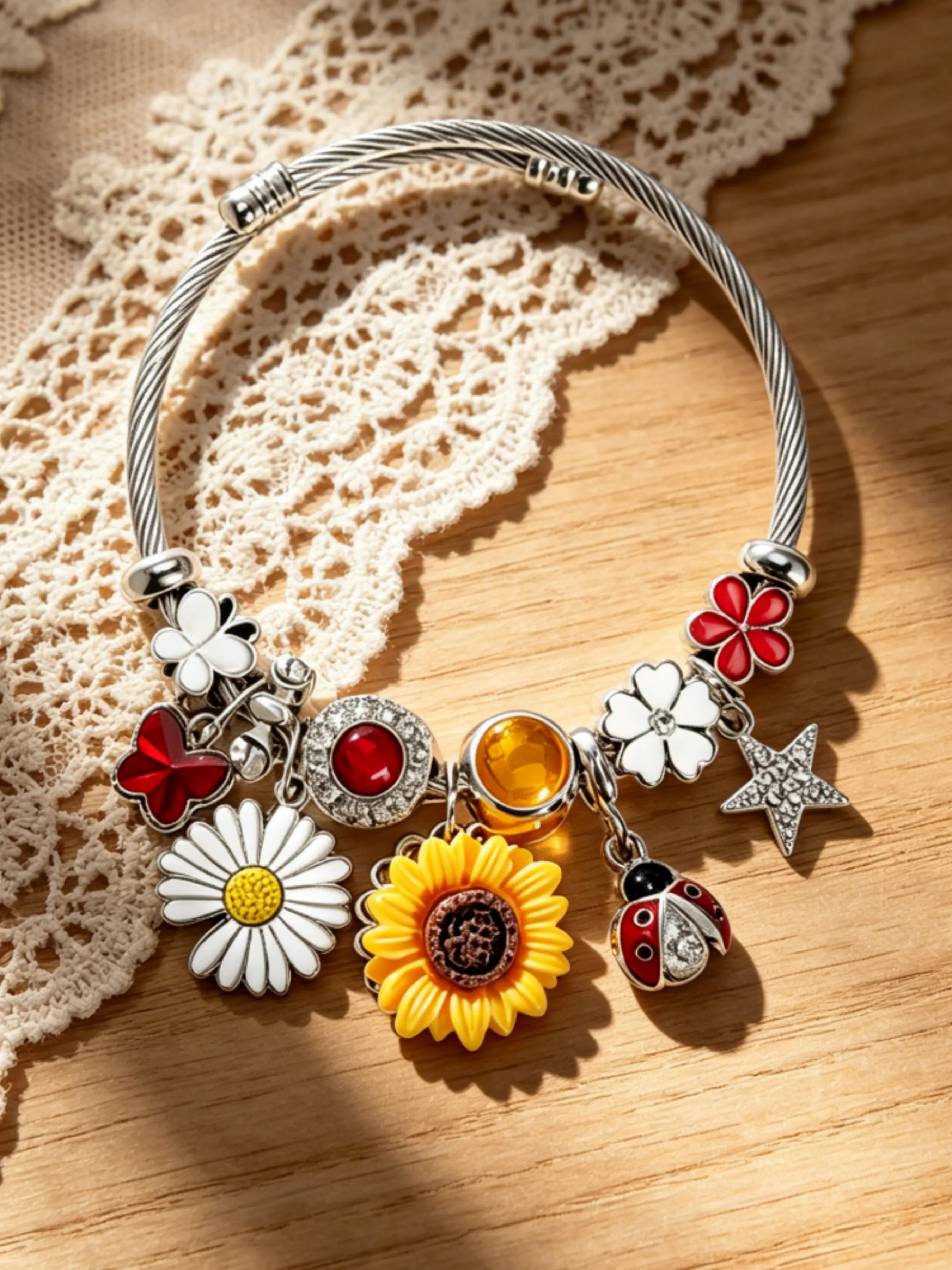 Adjustable Stainless Steel Bracelet, Sunflower Daisy Insect Beaded Jewelry, Bohemian DIY Wristband, Daily Wear, Gift for Holidays