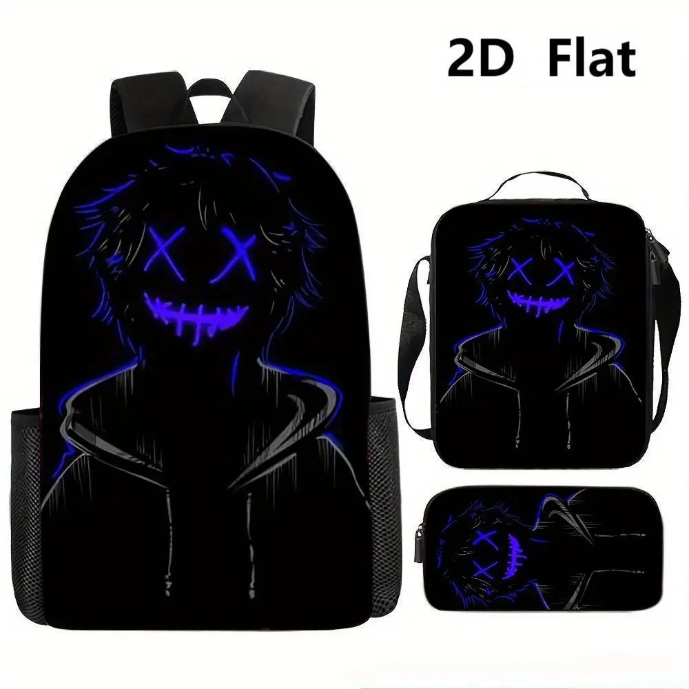 3-Piece Teen Water Resistant Backpack Set, Neon Purple X-Eyes Stitch Grin Hoodie Boy Dark Gothic Anime Print School Kit Backpack Lunch Bag Pencil Case 600D Oxford for E-Girl E-Boy Street Aesthetic Daily Use
