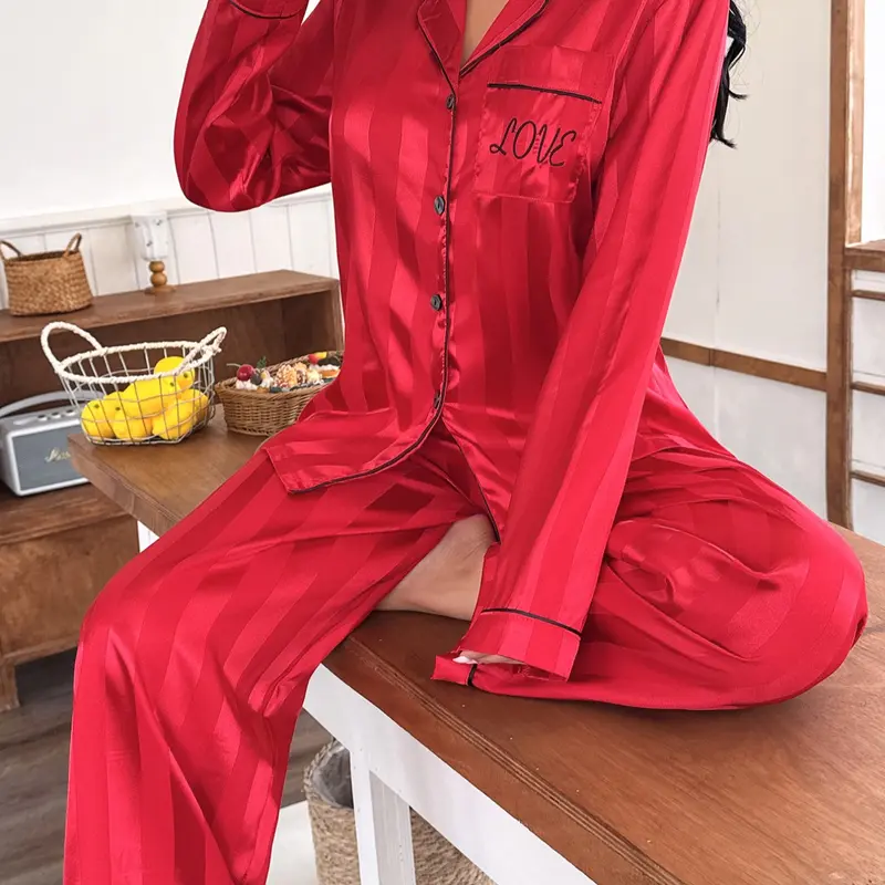 Women's Casual Loose Pajama Set, Soft Fabric, Letter Embroidery, Long Sleeve Button-Up Lapel Collar Top & Elastic Waist Pants, Comfortable All-Season Wear, Two-Piece Set, Loungewear