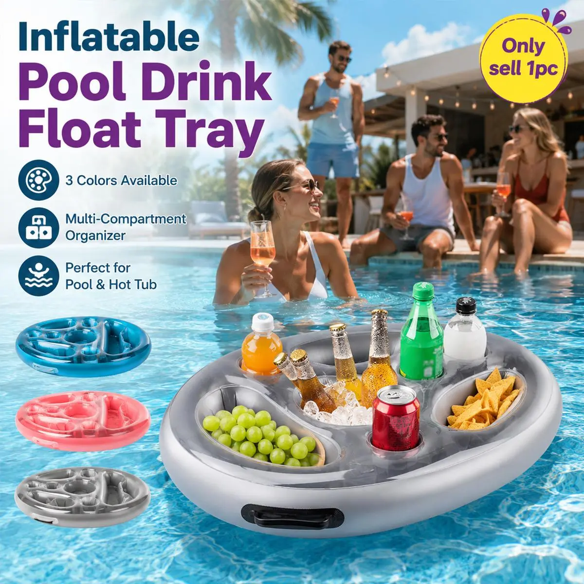 Inflatable Floating Drink Holder, Large Capacity PVC Multi-Hole Beverage Tray with Cup Holders and Phone Rest, Floating Pool Table for Adults, Swimming pool cup holder, Water Float, Hot Tub, Pool Party, Backyard, Outdoor Relaxation