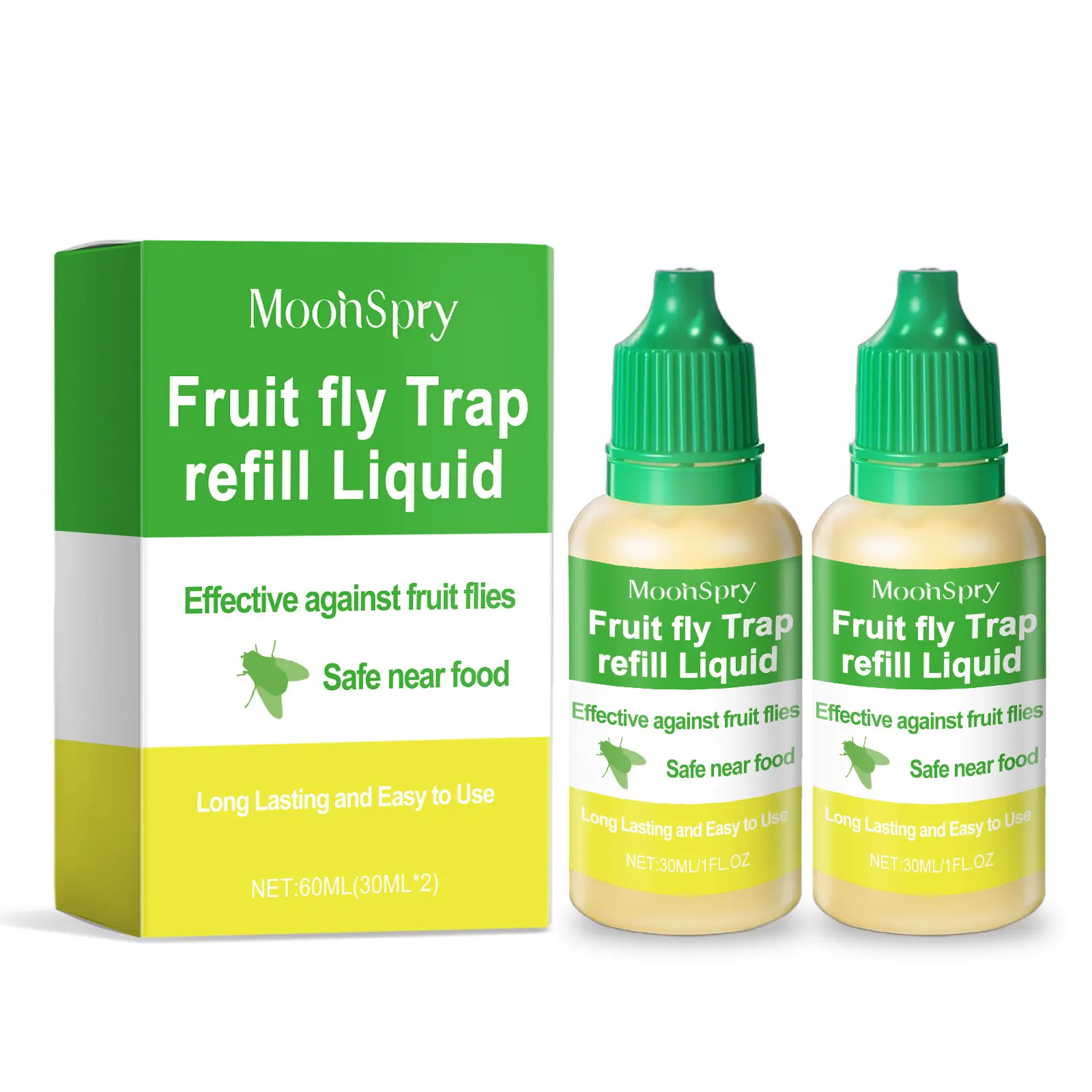 Fruit Fly Trap Refill Liquid - Natural Anti-Insect Pest Control Solution, Pet-Safe, Safe Near Food, Sucrose & Ethanol Formula, 3-Year Shelf Life, No Battery, for Kitchen Home Use