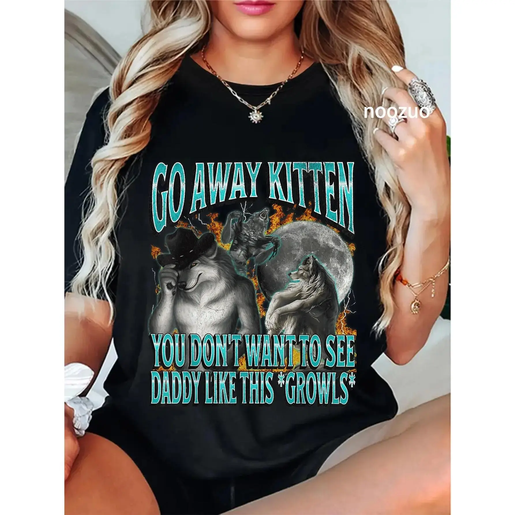 Unisex 100% Cotton Comfortable Casual Short-Sleeve Round Neck T-Shirt Apparel - Funny Offensive Go Away Kitten Werewolf Meme Bootleg Prints, Soft Fabric Clothes, Sports & Outdoor Top, Fashion