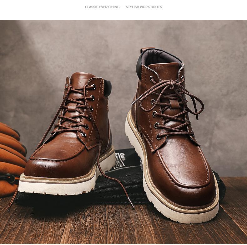 Men's Brown Classic Work Boots - Leather Upper with Belt Buckle Brown Lace-Up Ankle-High Design Non-Slip Rubber Sole for Hiking & Daily Casual Steel Toe Footwear Boy Memory Foam-Like Comfort Cushioning Adjustable Straps for Comfort Fit Durable Waterproof