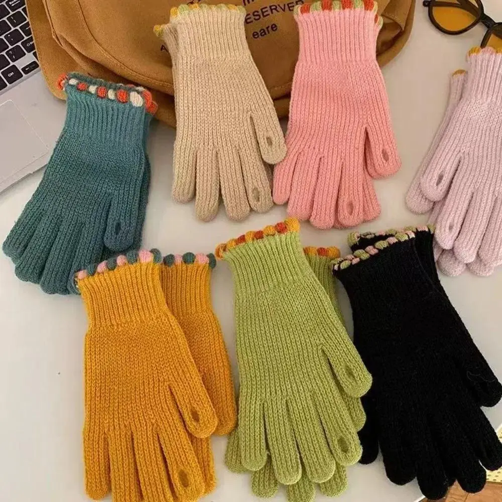 Trendy Kawaii Touchscreen Knit Gloves for Women - Cute Solid Color Fluffy Cuff Winter Gloves, Cozy Plush Trim Texting Hand Warmers, Aesthetic Thick Thermal Cold Weather Gear, Ideal for Cycling, Daily Commute & Holiday Gift
