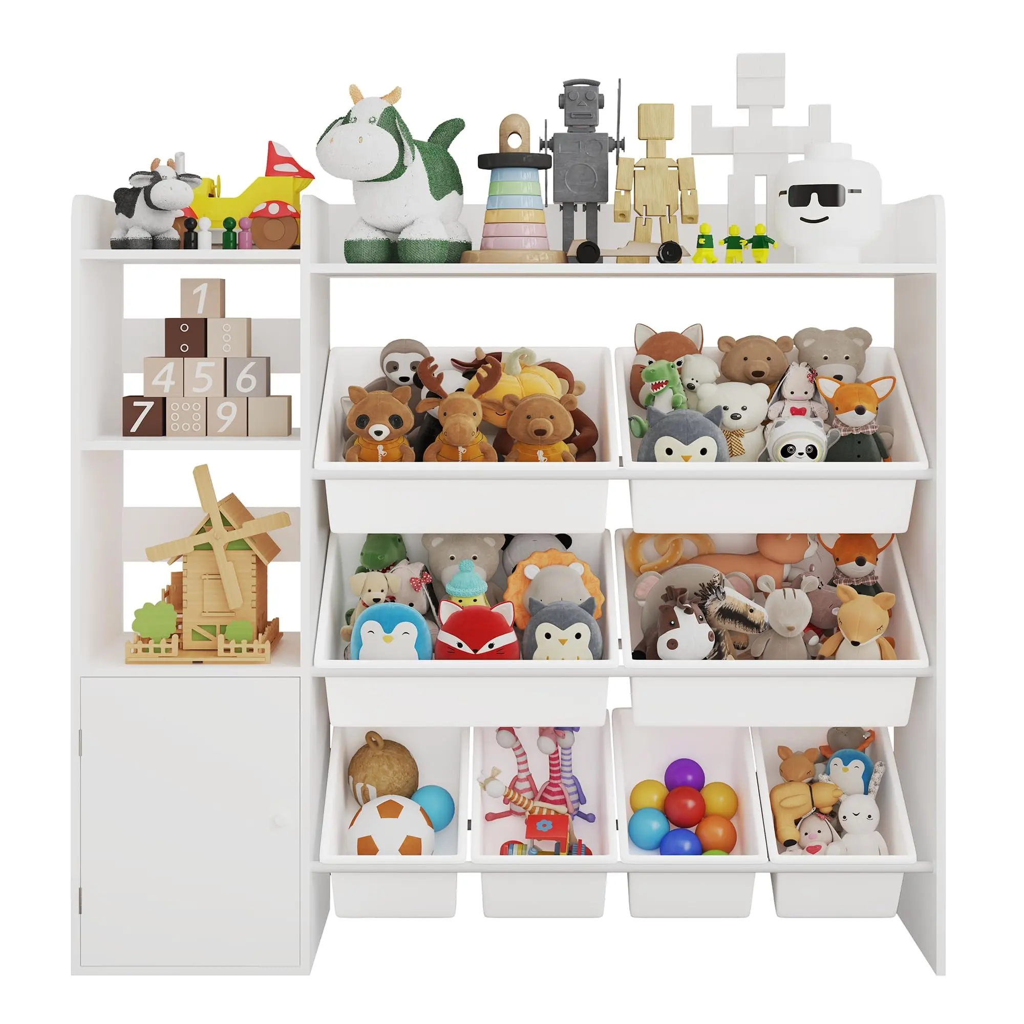 Extra Wide Kids Toy Organizer Cabinet – 4-Tier Wooden Shelf with 9 Plastic Bins, 6 Storage Ports & 2-Shelf Bookcase – Ideal for Playroom, Nursery, Study Area, Daycare, Boys and Girls