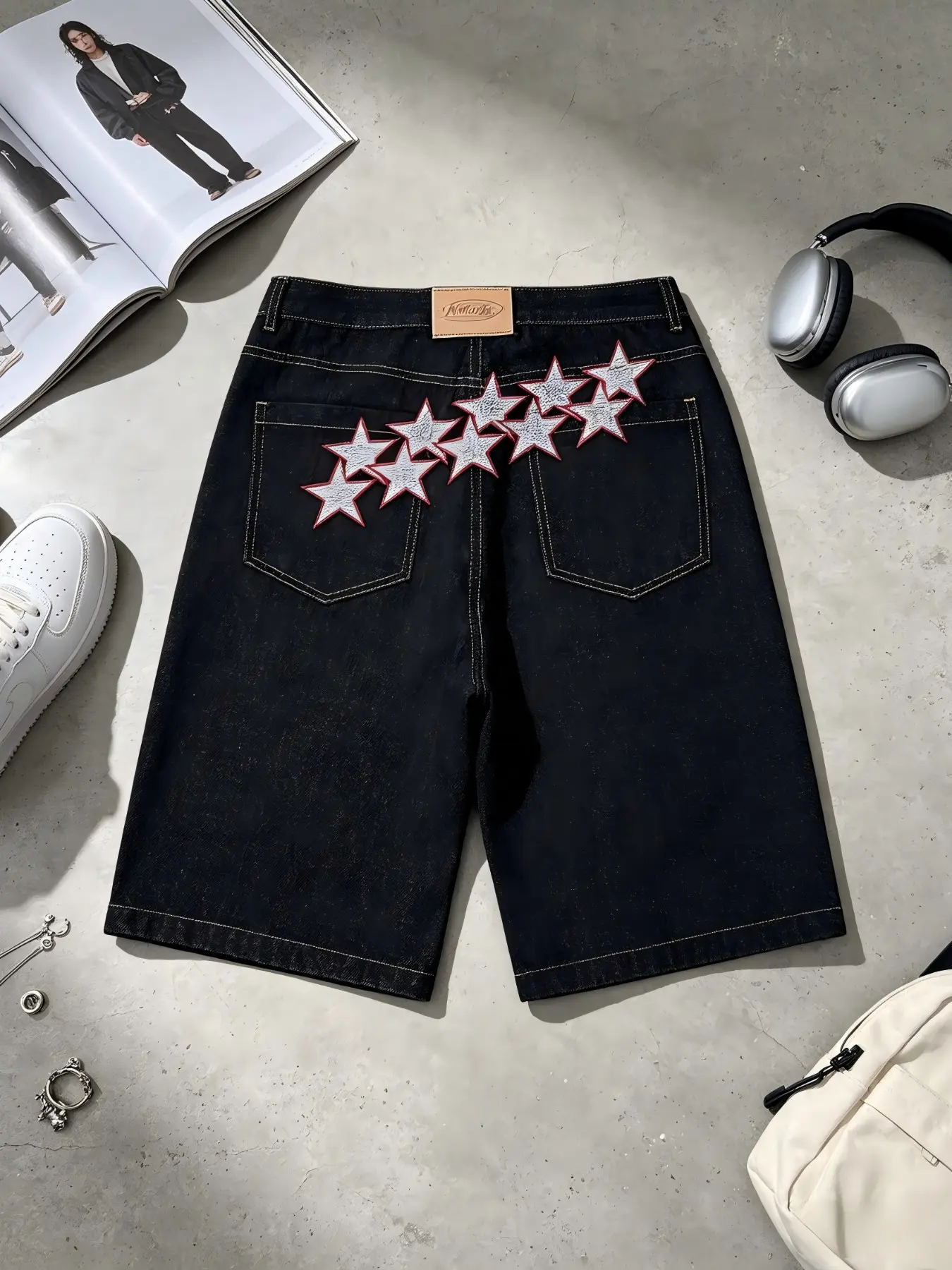 Men's New Summer Fashion Star Pattern Embroidered Loose Baggy Jeans Shorts, Casual Loose-Fitting Denim Jeans, Versatile Summer Wear