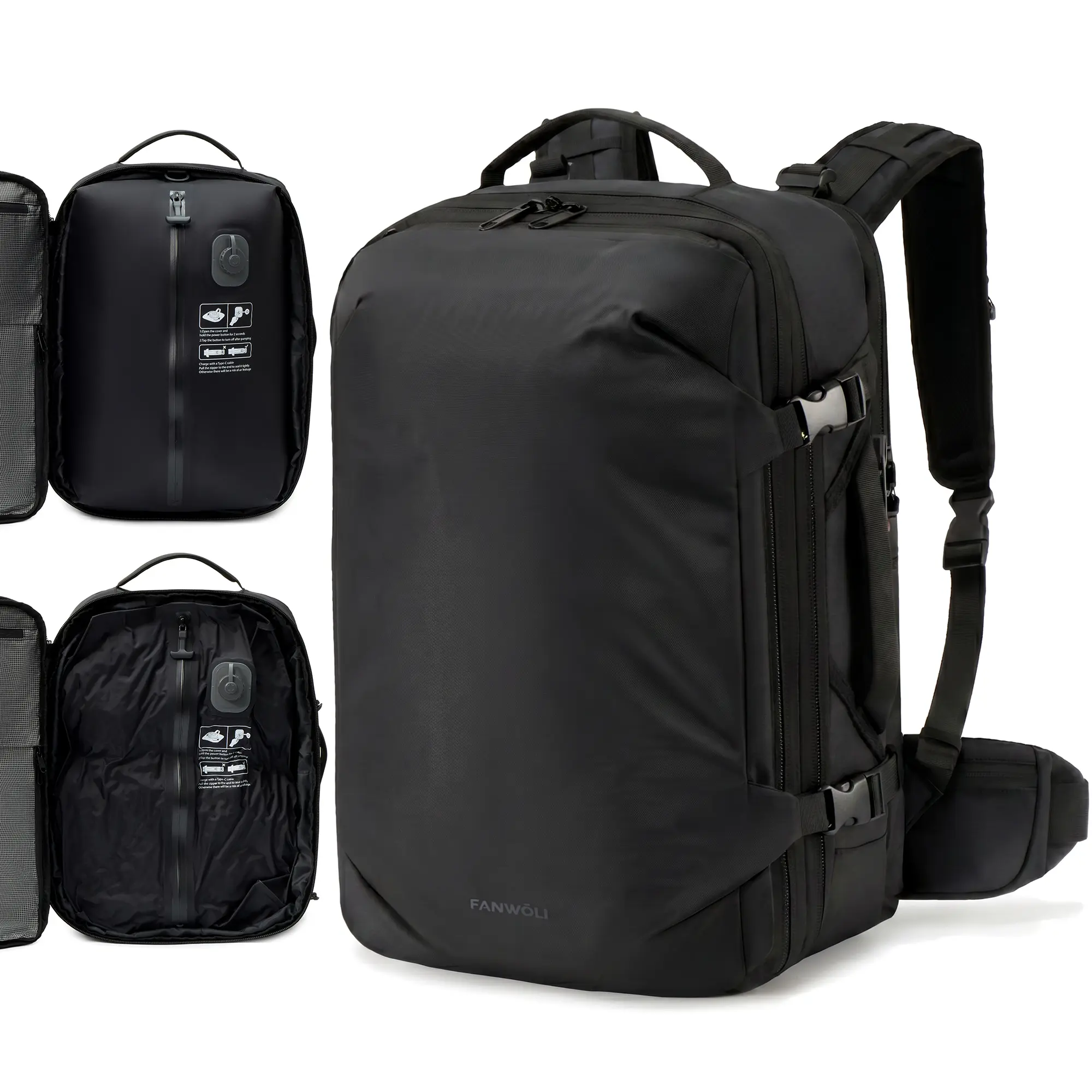 Fanwoli Vacuum Travel Backpack with One-Button Compression | Detachable Hip Belt | TSA Lock | Expandable Water Resistant Carry-On Suitcase Luggage, Fits 17" Laptop for Business & Travel, Vacuum Packing Bags, Detachable Shoulder Strap