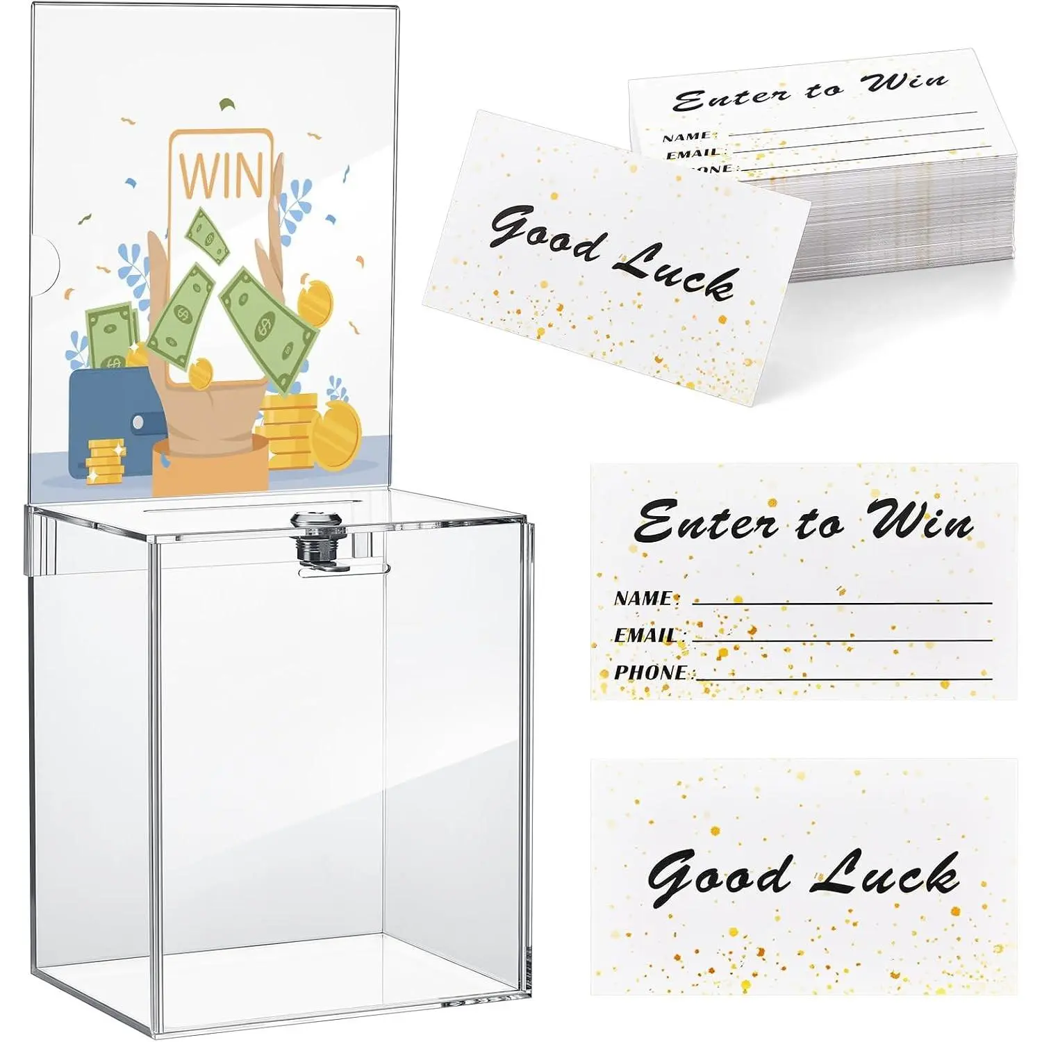 101 Pcs Tall Donation Box with Lock, Sign Plate & Cards 7"x5"x8" Raffle Box