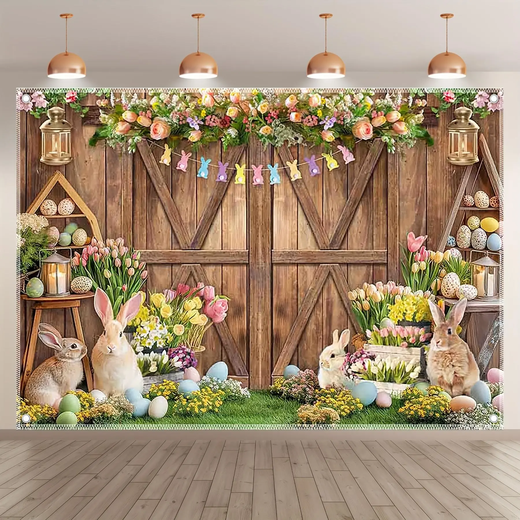 Glitter Plastic 1-Piece Easter Photography Backdrop Tapestry, 2D Brown-Green Grassland, Rabbit & Egg Pattern, for Party & Home Decor, One-Piece