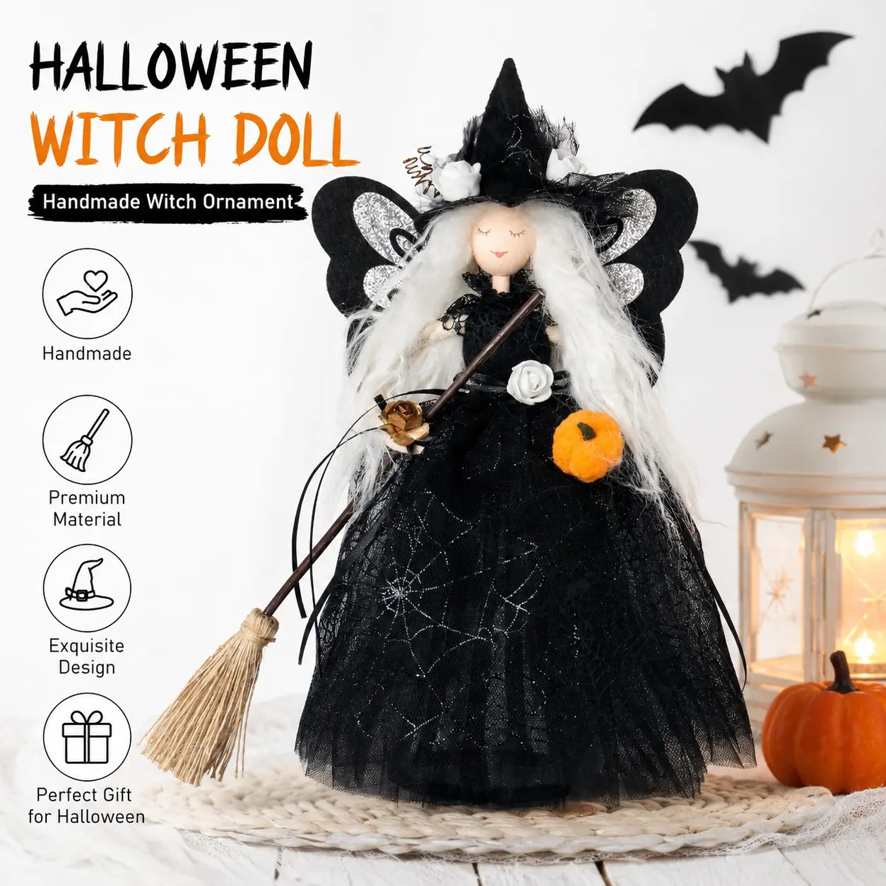 11.8-Inch Halloween Witch Tree Top Decoration, Witch Ornament with Spider Web Skirt, Hat, and Broom, Perfect for Tabletop, Fireplace, and More