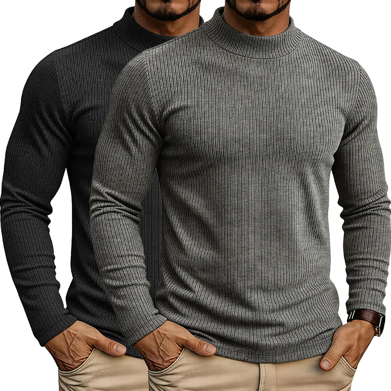 Men's Plain Loose Stand Collar Long-Sleeve Knit Pullover Knitwear, Minimal Base Layer Top for Everyday Wear & Casual Commute (1/2 Pack)