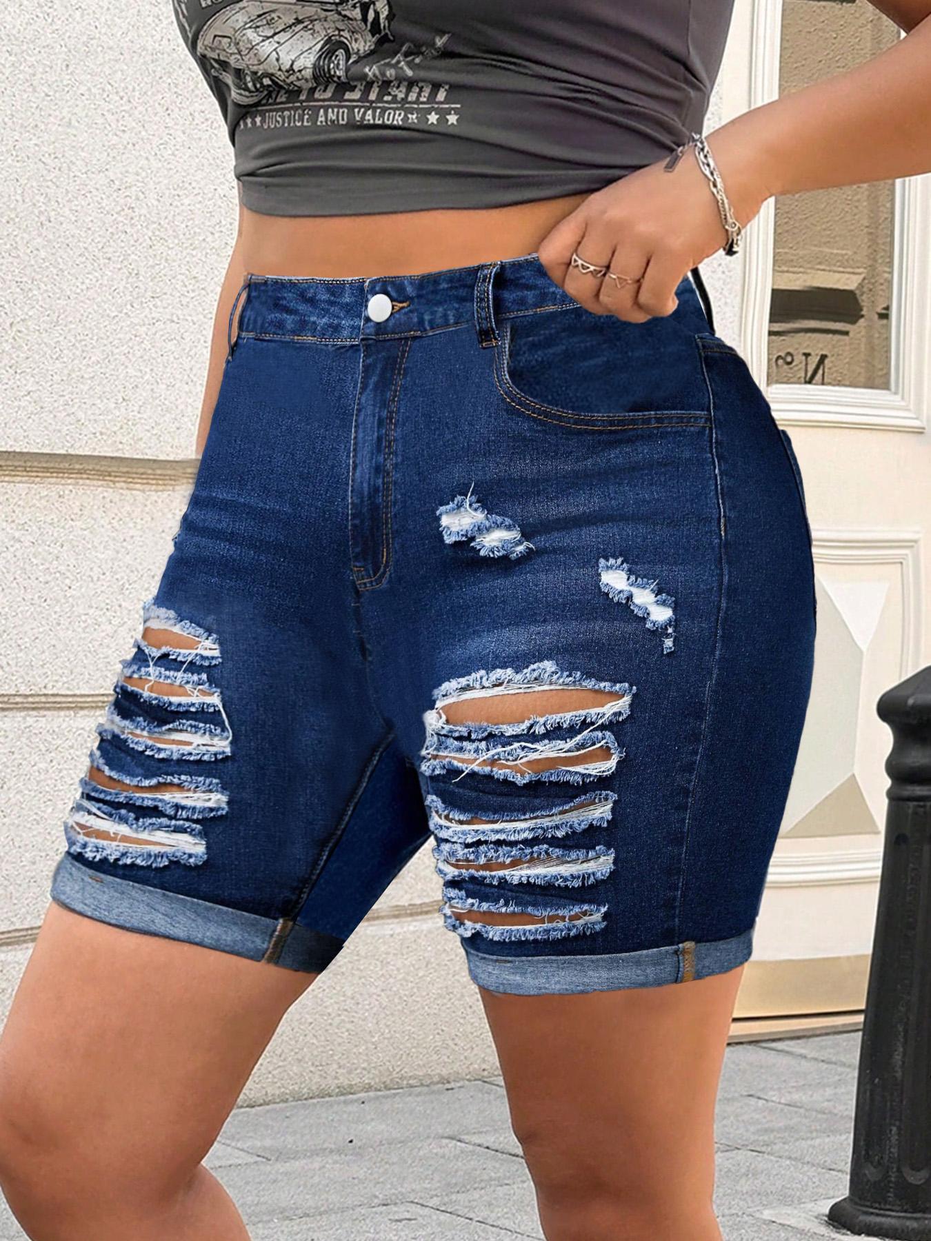【Plus Size】 Ripped Button Fly Dark Wash Denim Shorts, Casual Street Fashion Pocket Design Denim Shorts for Daily Outdoor Wear, Women Plus Clothing for Summer