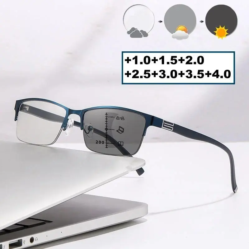 Unisex Photochromic Multifocal Reading Glasses Retro Half Frame Color Changing Presbyopia Men Women Fashion Far Sight Sunglasses