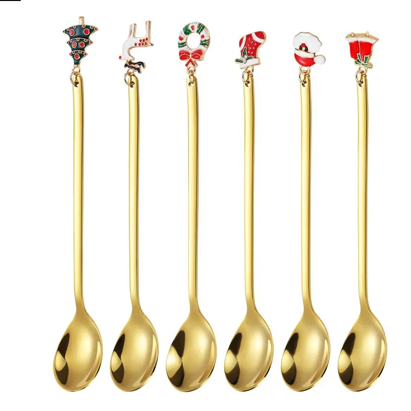 6Pcs Christmas Decorative Spoons, Stainless Steel, Reusable Coffee Tea Dessert Stirring Spoons, Santa Snowman Tree Star Design for Kitchen, Home, Office, Christmas Party, Holiday Gift