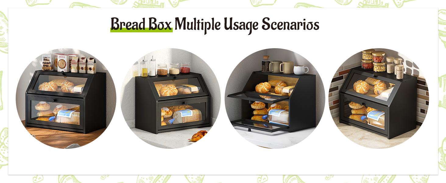 Farmhouse Bread Box for Kitchen Countertop Bread box Double Layer Bamboo Wooden Extra Large Capacity Bin Kitchen Food Storage Container(Black)