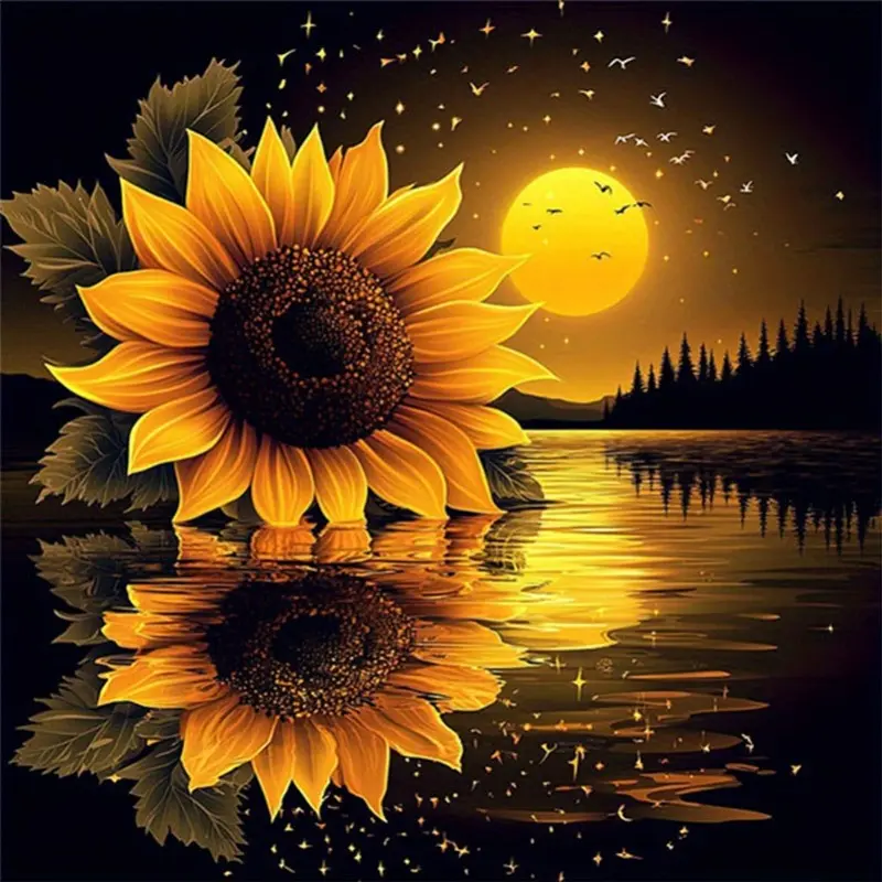5D Full Drill Diamond Painting Kit - Diamond Art Nature Art Sunflower with Water Reflection, Full Moon Lake Forest Sunset Landscape, Sparkling Rhinestones, Canvas & Tools for Home Wall Decor, DIY Craft, Acrylic