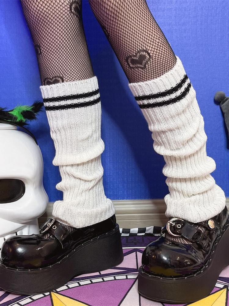 KOSAHIKI Lolita Socks Goth Striped Knit  Girl Leg Warmers Women Japanese  Harajuku Winter Boot Cuffs Legs Cover