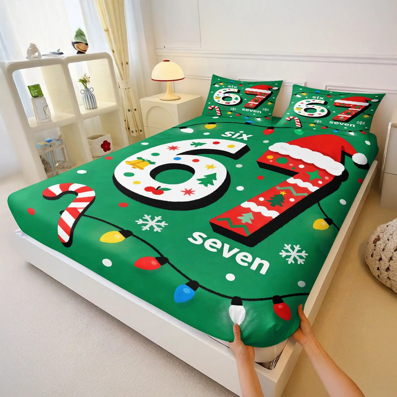 3Pcs Xmas Themed Number Fitted Sheet Set, Christmas Lights Candy Cane Pattern Bed Sheets Set, Soft Microfiber Bedding Set for Kids Bedroom Decor, King/Queen/Full Size Bedding Collection No Fillers