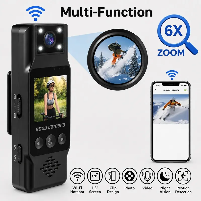Action Camera HD Video Recording Camera, Portable WiFi Sports Cam with 1.3" LCD Screen, 180 Rotation Lens, Night Vision, Magnetic Back Clip for Outdoor Use