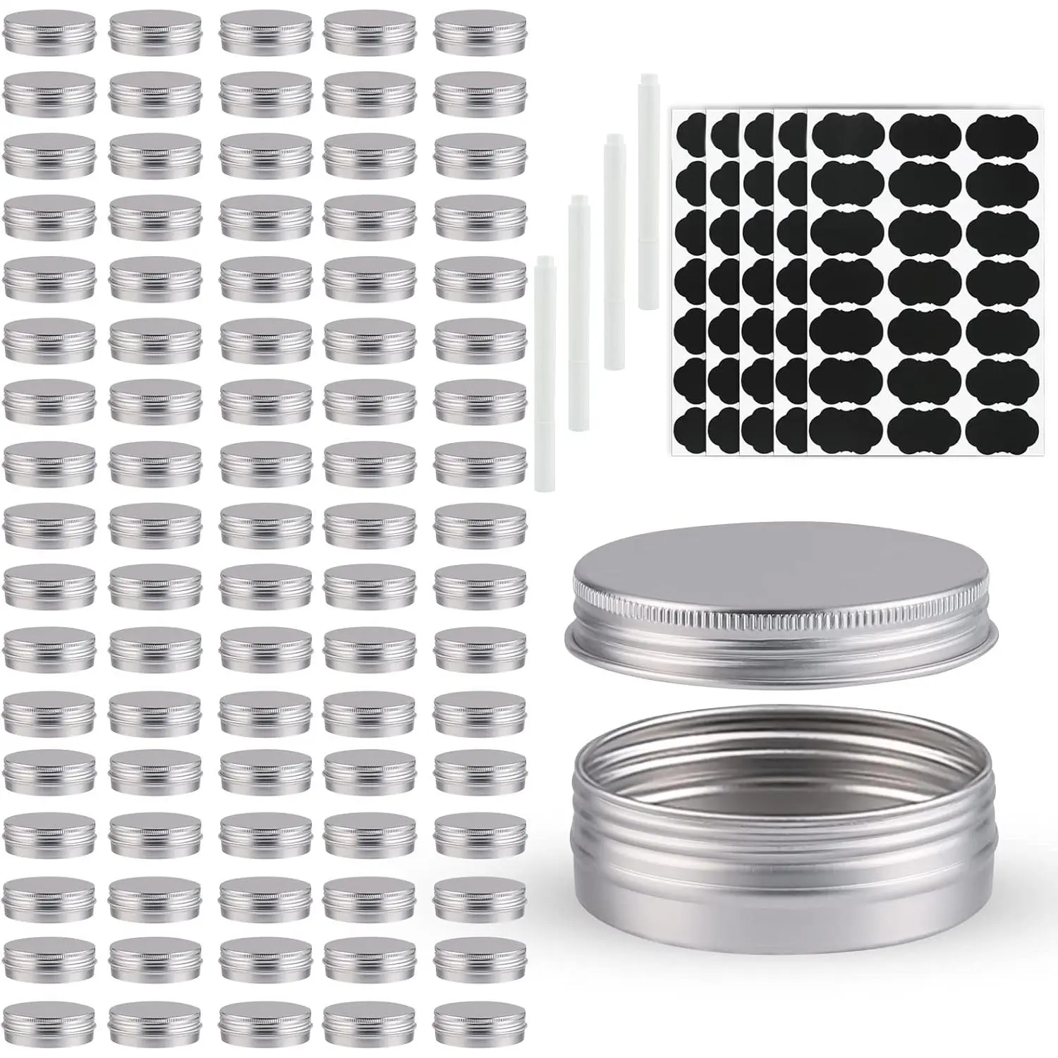 102 Pack Round Cans with Screw Lid 1 Oz  Metal Tins DIY  Candle Containers for Lotion Bars, Balms, Salve, Spices, Beard Balm, Crafts with 4 Markers 5 Sheets Label Stickers ()