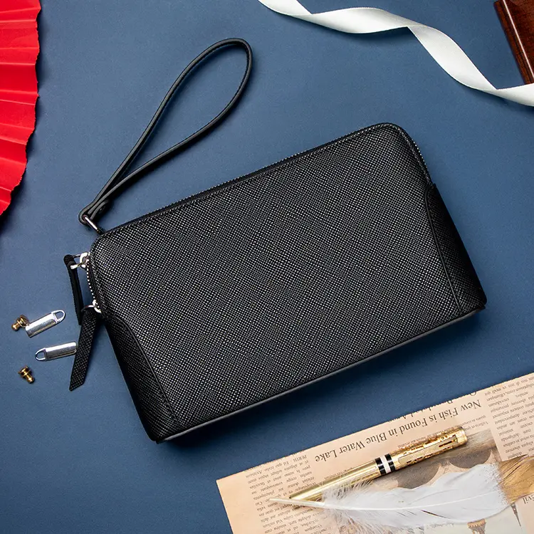 Men Top Grain Saffiano Leather Double Zipper Business Clutch, Black Wristlet Hand Purse With Detachable Wrist Strap