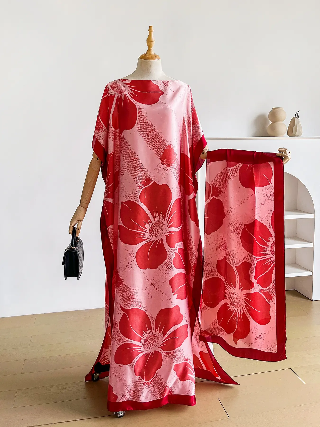 Women's Floral Print Long Robe Set, Casual Hooded Cape Dress + Headscarf, Beach Sun Protection Silk Scarf, Beach Coverups, Fashion Summer