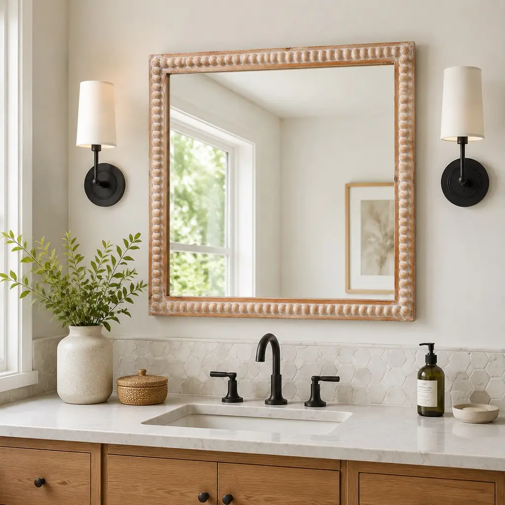 ARCH 22x30 Inch Wood Framed Wall Mirror, Antique Natural MDF and Glass Rectangle Mirror with Beading, Farmhouse Wall-Mounted Vanity Mirror for Bathroom, Bedroom, Living Room, Entryway, Horizontal or Vertical Hanging, Single Pack, Antique Natural Colo